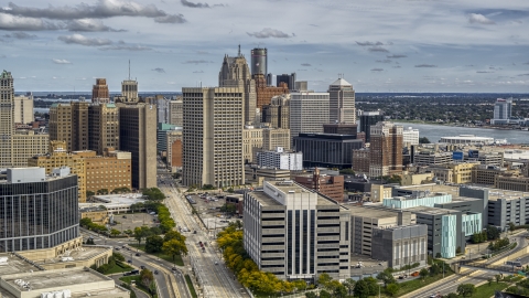 DXP002_190_0004 - Aerial stock photo of Federal building and skyscrapers in Downtown Detroit, Michigan