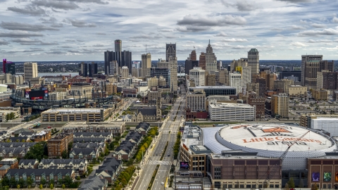 DXP002_191_0002 - Aerial stock photo of The city's downtown skyline seen from Little Caesars Arena, Downtown Detroit, Michigan