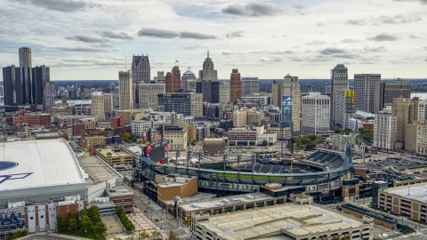 DXP002_191_0003 - Aerial stock photo of A view of baseball stadium and skyline, Downtown Detroit, Michigan