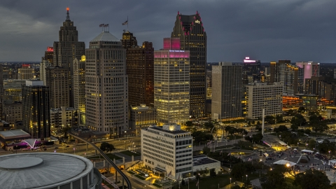 DXP002_193_0001 - Aerial stock photo of Tall skyscrapers at twilight in Downtown Detroit, Michigan