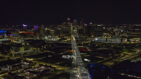 DXP002_193_0011 - Aerial stock photo of A wide view of the city's skyline at night, Downtown Detroit, Michigan