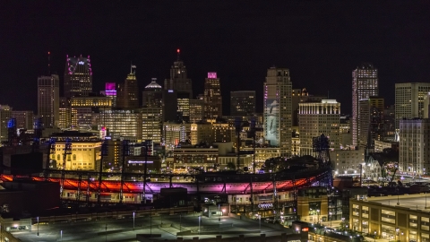 DXP002_193_0016 - Aerial stock photo of Comerica Park and the skyline at night, Downtown Detroit, Michigan