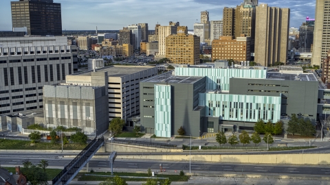 DXP002_196_0008 - Aerial stock photo of The Detroit Public Safety Headquarters in Downtown Detroit, Michigan