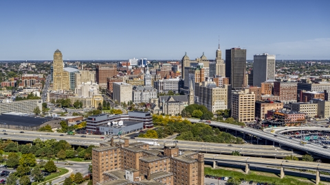 DXP002_200_0004 - Aerial stock photo of The city's skyline on the other side of the freeway, Downtown Buffalo, New York