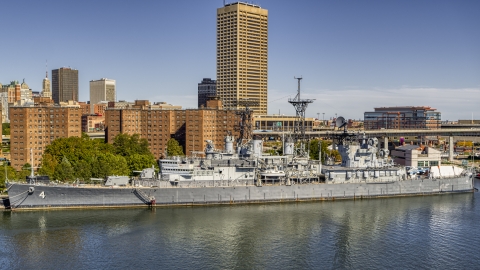 DXP002_200_0005 - Aerial stock photo of The USS Little Rock in Downtown Buffalo, New York
