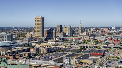 DXP002_201_0001 - Aerial stock photo of The city's skyline behind Sahlen Field, Downtown Buffalo, New York