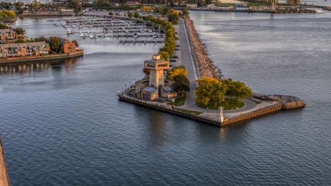 DXP002_204_0011 - Aerial stock photo of A lakeside observation deck at sunset, Buffalo, New York