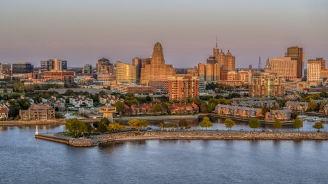DXP002_204_0012 - Aerial stock photo of City hall and office buildings at sunset, seen from waterfront condos, Downtown Buffalo, New York
