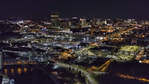 DXP002_205_0001 - Aerial stock photo of The city skyline at night, Downtown Buffalo, New York