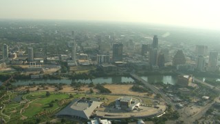 AF0001_000150 - HD aerial stock footage of Palmer Events Center, Long Center for the Performing Arts, and Downtown Austin, Texas