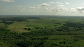 AF0001_000223 - HD aerial stock footage of flying over farmland and a country road, Danevang, Texas