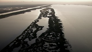 AF0001_000331 - HD aerial stock footage flyby wetlands on the shore of Espiritu Santo Bay, Texas, sunrise