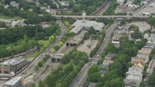AF0001_000707 - HD aerial stock footage of approaching the Forest Hills Station, Jamaica Plain, Massachusetts