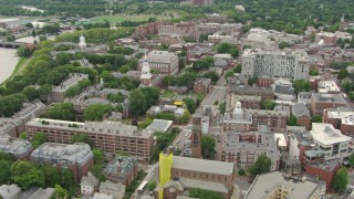 AF0001_000727 - HD stock footage aerial video of Harvard University campus buildings and dormitories in Cambridge, Massachusetts