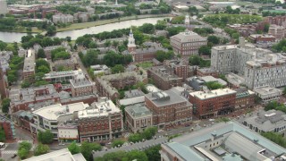 AF0001_000728 - HD stock footage aerial video of Harvard University campus buildings, reveal Harvard Square in Cambridge, Massachusetts