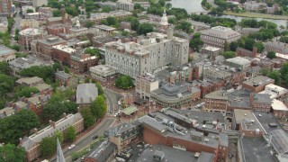 AF0001_000729 - HD aerial stock footage of orbiting Harvard University campus and Harvard Square in Cambridge, Massachusetts