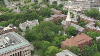 AF0001_000730 - HD aerial stock footage of Memorial Church and Harvard Yard at Harvard University in Cambridge, Massachusetts