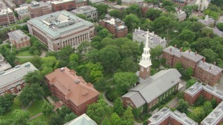 AF0001_000731 - HD aerial stock footage of Memorial Church, Widener and Grossman Libraries, and Thayer Hall at Harvard University, Cambridge, Massachusetts