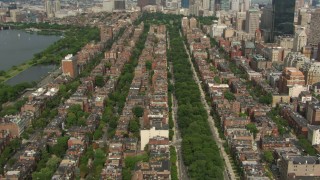 AF0001_000757 - HD stock footage aerial video of rows of Victorian brownstones in Back Bay, Downtown Boston, Massachusetts