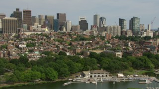 AF0001_000767 - HD aerial stock footage of Charles River Esplanade, Beacon Hill row houses, skyscrapers in Downtown Boston, Massachusetts