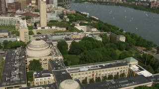 AF0001_000770 - HD aerial stock footage of an orbit of the Maclaurin Building at the Massachusetts Institute of Technology, Cambridge, Massachusetts