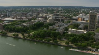 AF0001_000772 - HD aerial stock footage of the Green and Maclaurin Buildings at the Massachusetts Institute of Technology, Cambridge, Massachusetts