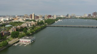 AF0001_000776 - HD aerial stock footage approach the campus of Massachusetts Institute of Technology and Harvard Bridge, Cambridge, Massachusetts
