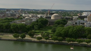 AF0001_000777 - HD aerial stock footage of the Maclaurin Building at Massachusetts Institute of Technology, Cambridge, Massachusetts