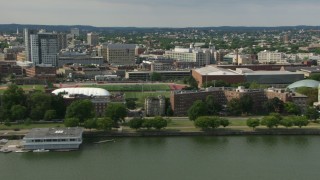 AF0001_000781 - HD aerial stock footage flyby the riverfront campus of the Massachusetts Institute of Technology, Cambridge, Massachusetts