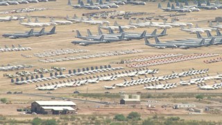 AF0001_000852 - HD stock footage aerial video of an aircraft boneyard at Davis Monthan AFB, Tucson, Arizona