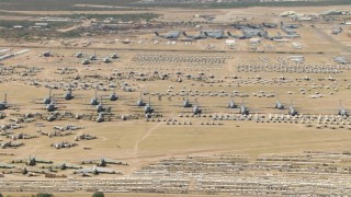 AF0001_000866 - HD aerial stock footage of airplanes at the base's aircraft boneyard, Davis Monthan AFB, Tucson, Arizona