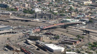 AF0001_000930 - HD aerial stock footage approach the Paso del Norte International Bridge / Santa Fe Street Bridge on the El Paso/Juarez Border