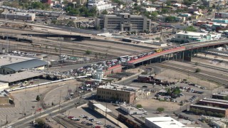 AF0001_000931 - HD aerial stock footage of the Texas side of the Paso del Norte International Bridge / Santa Fe Street Bridge, El Paso/Juarez Border