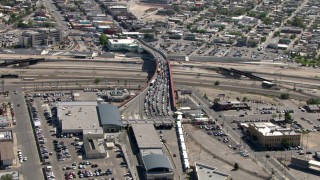 AF0001_000932 - HD stock footage aerial video of heavy traffic on the Paso del Norte International Bridge / Santa Fe Bridge, El Paso/Juarez Border