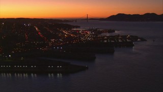 AI08_SF1_03 - 1080 aerial stock footage flying by Pier 39, Fisherman's Wharf, San Francisco, California, twilight