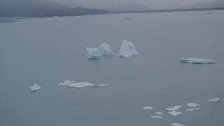 AK0001_0040 - 4K aerial stock footage orbiting floating icebergs, Inner Lake George, Alaska