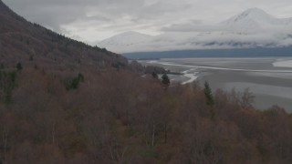 AK0001_0358 - 4K aerial stock footage flying low over train tracks, trees, revealing Turnagain Arm of the Cook Inlet, Alaska