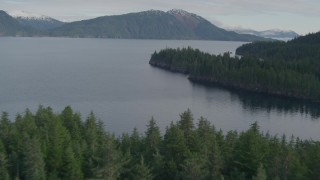 AK0001_0406 - 4K aerial stock footage forested shoreline of Prince William Sound, to open water, Passage Canal, Alaska