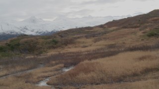 AK0001_0491 - 4K aerial stock footage flying over grassland, approach shoreline, reveal island, Blackstone Bay, Alaska