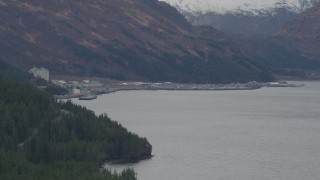 AK0001_0497 - 4K aerial stock footage approaching the town of Whittier in the Prince William Sound, Whittier, Alaska