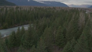 AK0001_0512 - 4K aerial stock footage flying low over a river cutting through the forest, Portage, Alaska