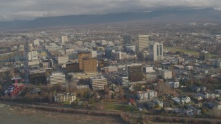 AK0001_0586 - 4K aerial stock footage flying by Downtown buildings, Downtown Anchorage, Alaska