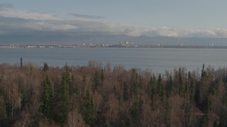 AK0001_0597 - 4K aerial stock footage fly low over grassland, trees reveal Downtown Anchorage, Point MacKenzie, Alaska