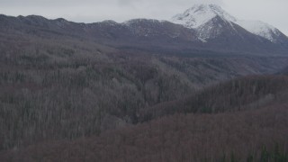 AK0001_0626 - 4K aerial stock footage approaching deep gorge, wooded valley, Chugach Mountains, Birchwood, Alaska