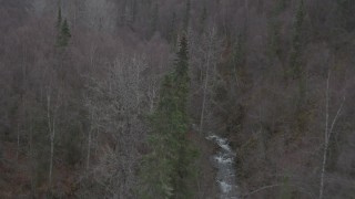 AK0001_0637 - 4K aerial stock footage flying over forested hills, tilt down on river, Birchwood, Alaska