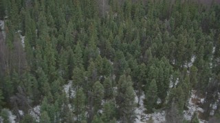 AK0001_0644 - 4K aerial stock footage flyby and away from forest, snow-covered ground, Birchwood, Alaska
