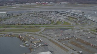 AK0001_0682 - 4K aerial stock footage approaching Ted Stevens Anchorage International Airport, Anchorage, Alaska