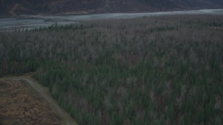 AK0001_0695 - 4K stock footage aerial video flying over forest, approach and reveal river, during winter, Butte, Alaska