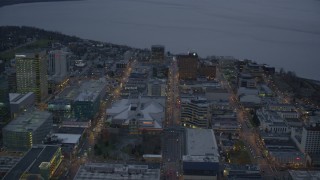 AK0001_0728 - 4K aerial stock footage West 5th Ave to Knik Arm of the Cook Inlet, Downtown Anchorage, Alaska, twilight