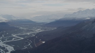 AK0001_0788 - 4K aerial stock footage a view of the Knik Glacier, snowy Chugach Mountains, Knik River Valley, Alaska